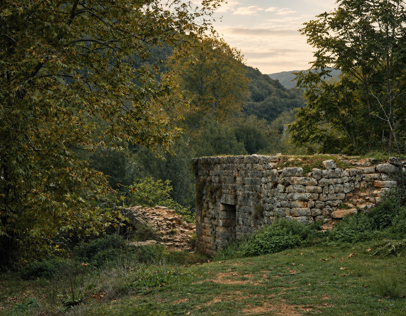 Cinematic stone ruins surrounded by a green mountain forest