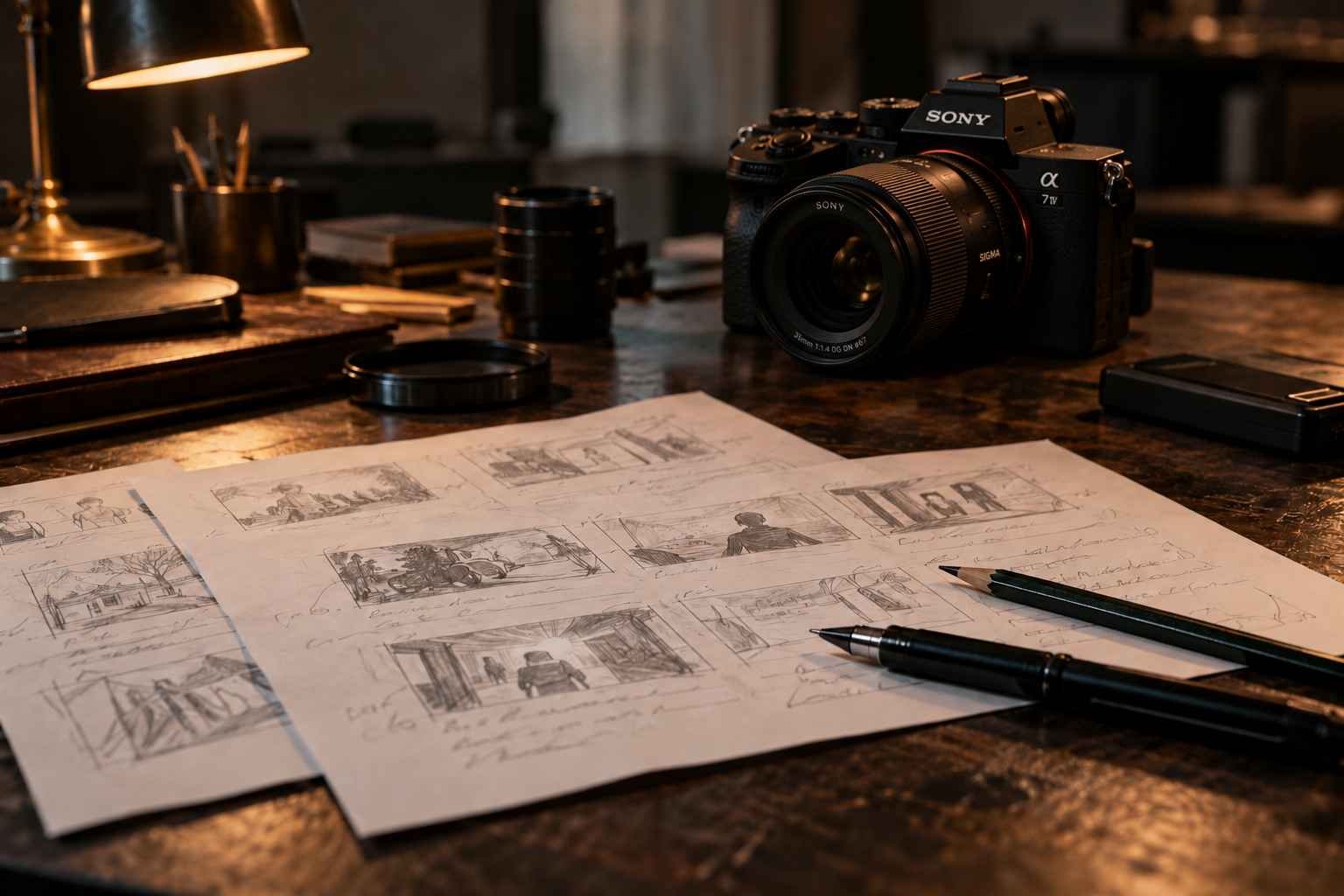 Storyboard sketches and a Sony mirrorless camera on a filmmaker’s worktable