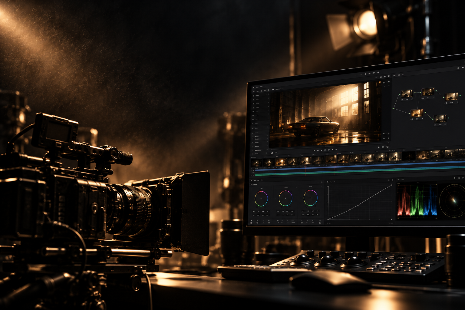 Cinematic studio scene with a cinema camera and DaVinci Resolve color-grading interface