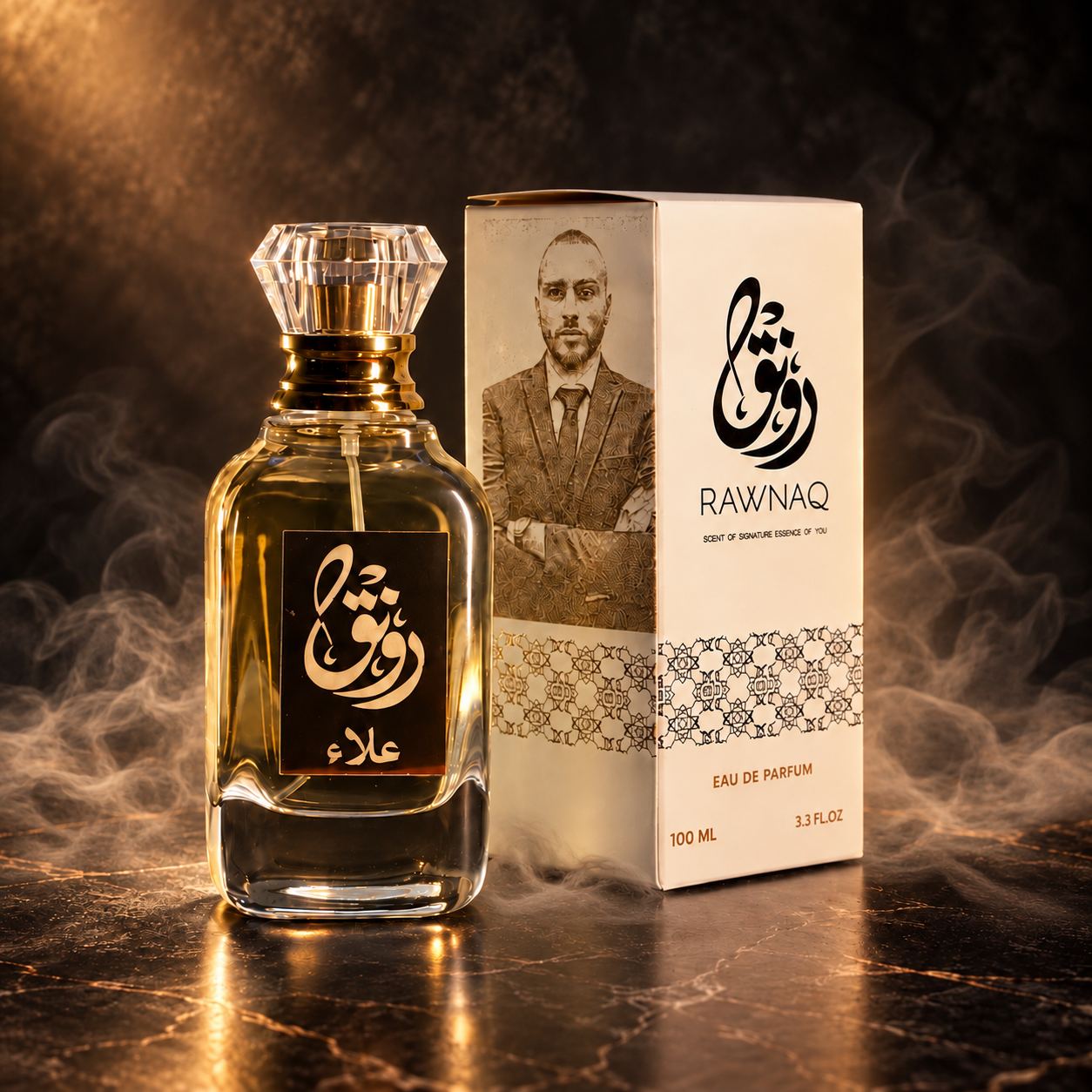 Rawnaq perfume and box in a cinematic studio with subtle smoke